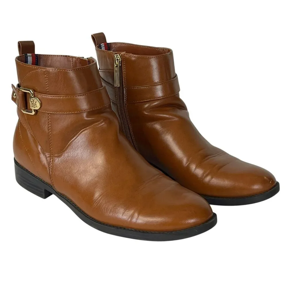 Tommy Hilfiger Women Brown Ankle Boots Side Zip Buckle‎ Detail Size 8.5M